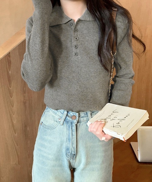 Miniministore(ミニミニストア)の「ポロリブニットトップス ベーシック春秋服(ニット/セーター・レディース・ブラック/ベージュ/グレー/アイボリー・FREE)」の6枚目の写真