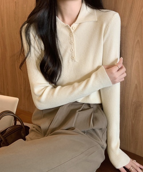 Miniministore(ミニミニストア)の「ポロリブニットトップス ベーシック春秋服(ニット/セーター・レディース・ブラック/ベージュ/グレー/アイボリー・FREE)」の7枚目の写真