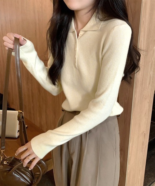 Miniministore(ミニミニストア)の「ポロリブニットトップス ベーシック春秋服(ニット/セーター・レディース・ブラック/ベージュ/グレー/アイボリー・FREE)」の8枚目の写真