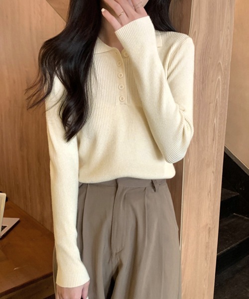 Miniministore(ミニミニストア)の「ポロリブニットトップス ベーシック春秋服(ニット/セーター・レディース・ブラック/ベージュ/グレー/アイボリー・FREE)」の9枚目の写真