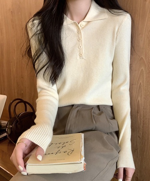 Miniministore(ミニミニストア)の「ポロリブニットトップス ベーシック春秋服(ニット/セーター・レディース・ブラック/ベージュ/グレー/アイボリー・FREE)」の10枚目の写真