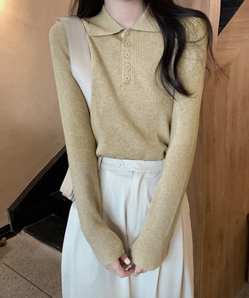 Miniministore(ミニミニストア)の「ポロリブニットトップス ベーシック春秋服(ニット/セーター・レディース・ブラック/ベージュ/グレー/アイボリー・FREE)」の11枚目の写真
