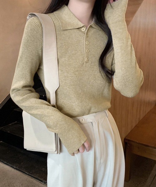 Miniministore(ミニミニストア)の「ポロリブニットトップス ベーシック春秋服(ニット/セーター・レディース・ブラック/ベージュ/グレー/アイボリー・FREE)」の12枚目の写真