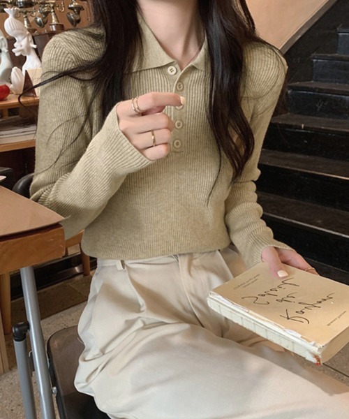 Miniministore(ミニミニストア)の「ポロリブニットトップス ベーシック春秋服(ニット/セーター・レディース・ブラック/ベージュ/グレー/アイボリー・FREE)」の13枚目の写真