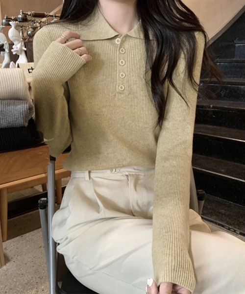 Miniministore(ミニミニストア)の「ポロリブニットトップス ベーシック春秋服(ニット/セーター・レディース・ブラック/ベージュ/グレー/アイボリー・FREE)」の14枚目の写真