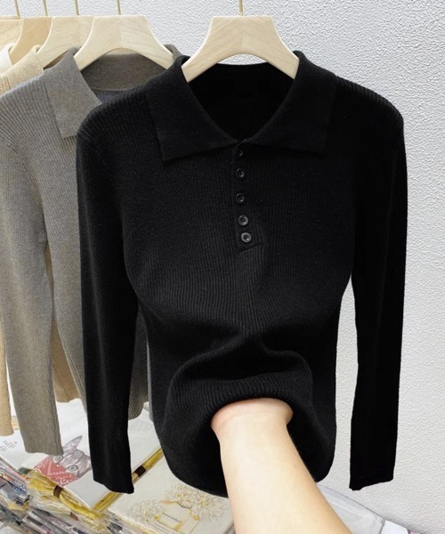 Miniministore(ミニミニストア)の「ポロリブニットトップス ベーシック春秋服(ニット/セーター・レディース・ブラック/ベージュ/グレー/アイボリー・FREE)」の15枚目の写真