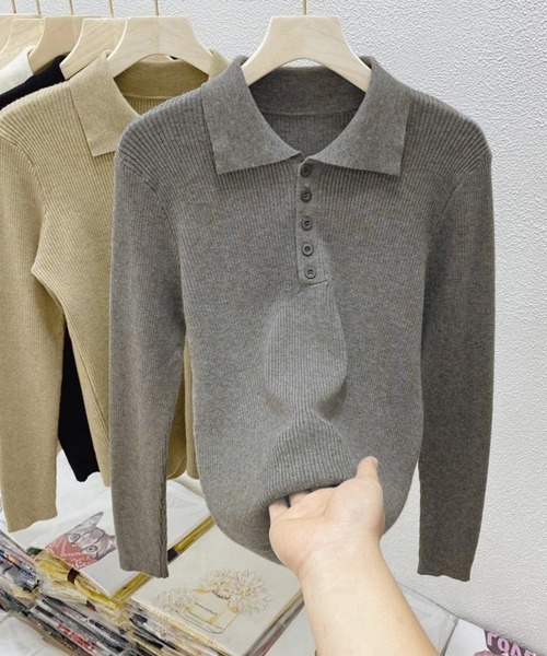 Miniministore(ミニミニストア)の「ポロリブニットトップス ベーシック春秋服(ニット/セーター・レディース・ブラック/ベージュ/グレー/アイボリー・FREE)」の16枚目の写真