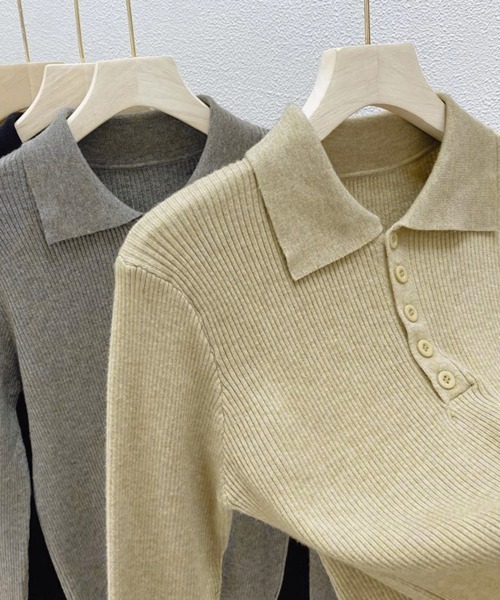 Miniministore(ミニミニストア)の「ポロリブニットトップス ベーシック春秋服(ニット/セーター・レディース・ブラック/ベージュ/グレー/アイボリー・FREE)」の17枚目の写真