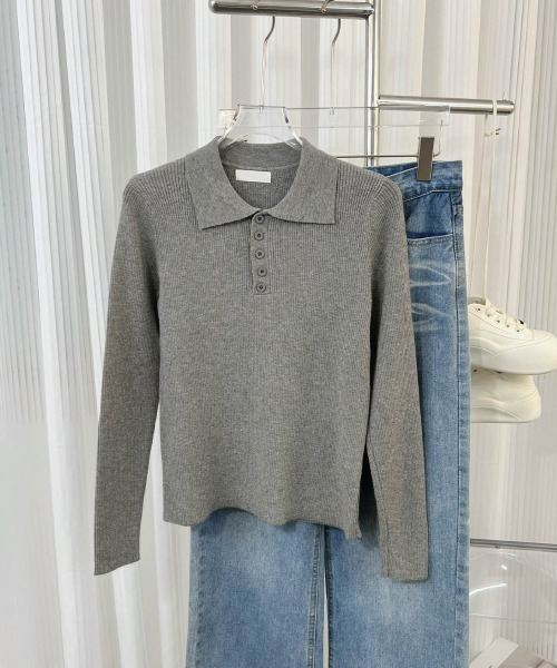 Miniministore(ミニミニストア)の「ポロリブニットトップス ベーシック春秋服(ニット/セーター・レディース・ブラック/ベージュ/グレー/アイボリー・FREE)」の18枚目の写真
