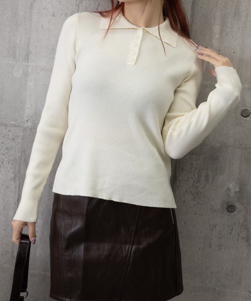 Miniministore(ミニミニストア)の「ポロリブニットトップス ベーシック春秋服(ニット/セーター・レディース・ブラック/ベージュ/グレー/アイボリー・FREE)」の19枚目の写真