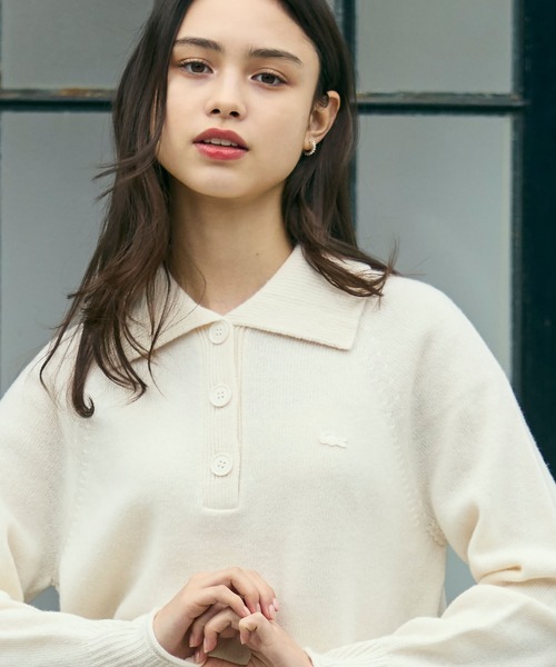 3Dニッティングハーフボタンハイネック ウールニットポロセーター