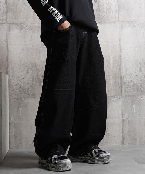 1111clothing(ワンフォークロージング)の「バレルレッグジーンズ ワイドパンツ / Barrel Leg Jeans Wide Pants(デニムパンツ・メンズ・ブラック/ネイビー/インディゴブルー・S/M/L)」の2枚目の写真