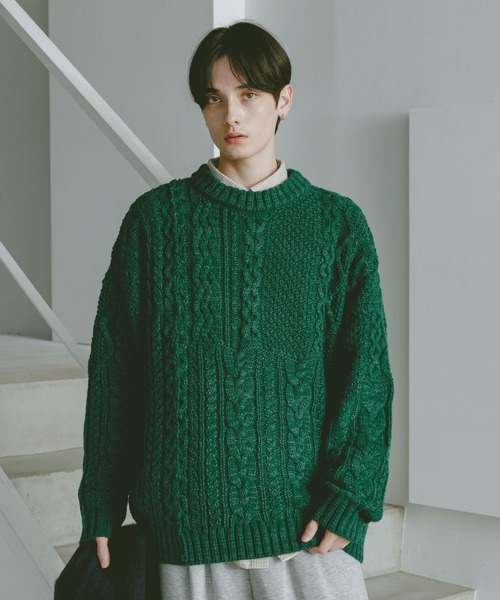 RAGEBLUE(レイジブルー)の「キリカエケーブルニットクルー(ニット/セーター・メンズ・ホワイト/ブラック/グリーン・MEDIUM/LARGE)」の3枚目の写真