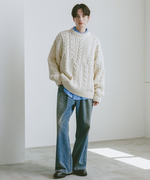 RAGEBLUE(レイジブルー)の「キリカエケーブルニットクルー(ニット/セーター・メンズ・ホワイト/ブラック/グリーン・MEDIUM/LARGE)」の4枚目の写真