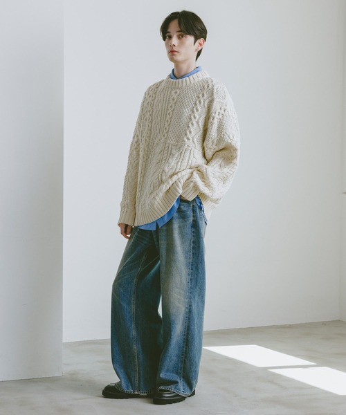 RAGEBLUE(レイジブルー)の「キリカエケーブルニットクルー(ニット/セーター・メンズ・ホワイト/ブラック/グリーン・MEDIUM/LARGE)」の5枚目の写真