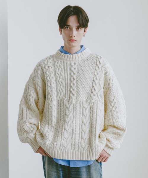RAGEBLUE(レイジブルー)の「キリカエケーブルニットクルー(ニット/セーター・メンズ・ホワイト/ブラック/グリーン・MEDIUM/LARGE)」の7枚目の写真
