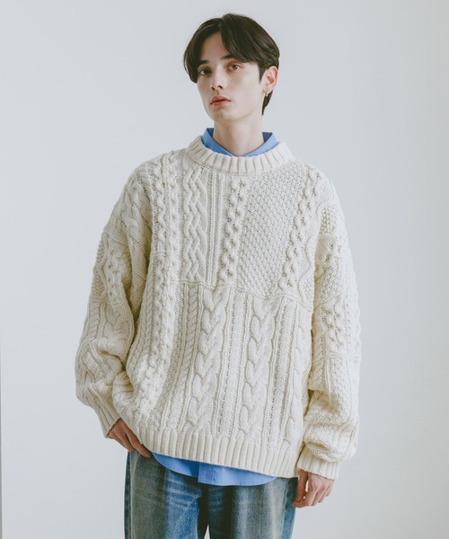 RAGEBLUE(レイジブルー)の「キリカエケーブルニットクルー(ニット/セーター・メンズ・ホワイト/ブラック/グリーン・MEDIUM/LARGE)」の8枚目の写真