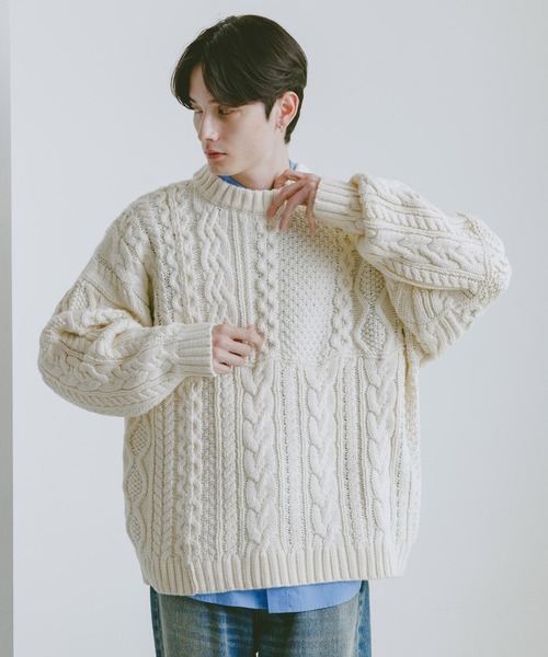 RAGEBLUE(レイジブルー)の「キリカエケーブルニットクルー(ニット/セーター・メンズ・ホワイト/ブラック/グリーン・MEDIUM/LARGE)」の9枚目の写真