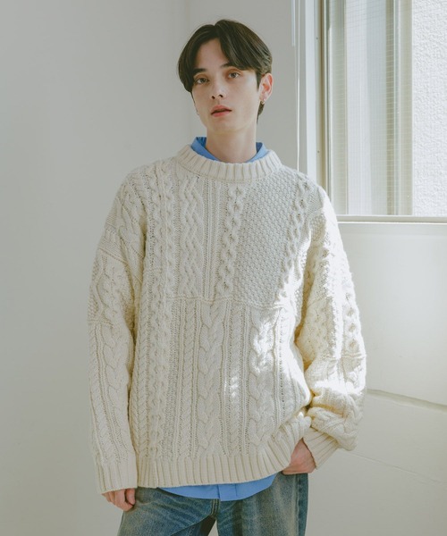 RAGEBLUE(レイジブルー)の「キリカエケーブルニットクルー(ニット/セーター・メンズ・ホワイト/ブラック/グリーン・MEDIUM/LARGE)」の10枚目の写真