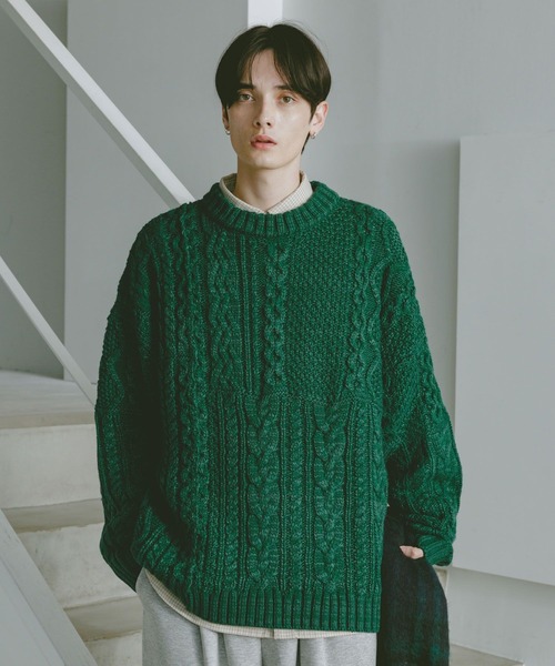 RAGEBLUE(レイジブルー)の「キリカエケーブルニットクルー(ニット/セーター・メンズ・ホワイト/ブラック/グリーン・MEDIUM/LARGE)」の21枚目の写真