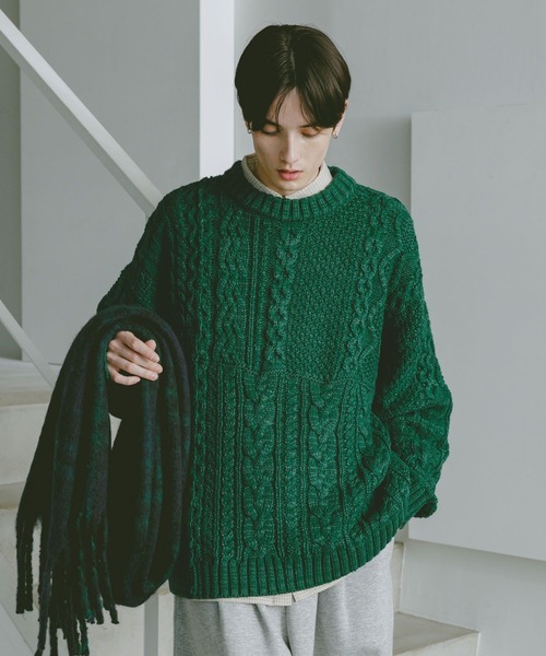 RAGEBLUE(レイジブルー)の「キリカエケーブルニットクルー(ニット/セーター・メンズ・ホワイト/ブラック/グリーン・MEDIUM/LARGE)」の22枚目の写真