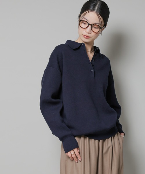 NANO universe（ナノユニバース）の「スウェットライク衿付きボタンニット（ニット/セーター・レディース・ブルー/ベージュ/ネイビー・FREE）」の3枚目の写真