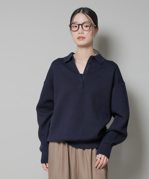 NANO universe（ナノユニバース）の「スウェットライク衿付きボタンニット（ニット/セーター・レディース・ブルー/ベージュ/ネイビー・FREE）」の5枚目の写真