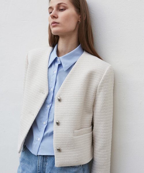 NICK&NICOLE(ニックアンドニコール)の「TWEED CROP JACKET_IVORY(テーラードジャケット・レディース・その他・FREE)」の1枚目の写真