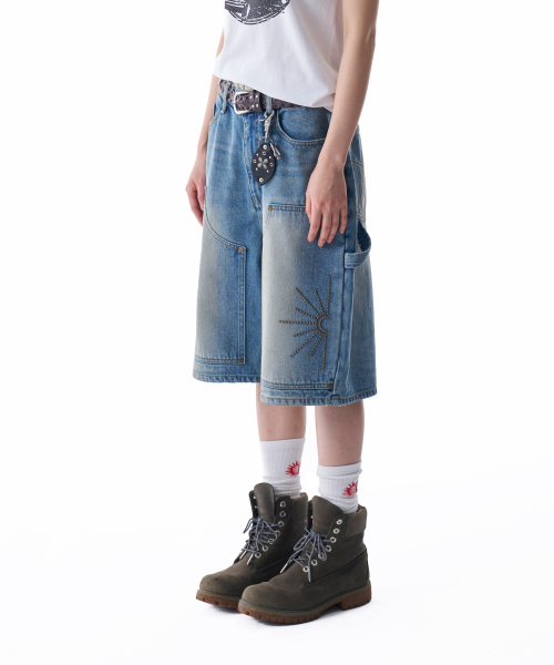 セール】Washed Double Knee Bermuda Denim Pants (Blue)（その他