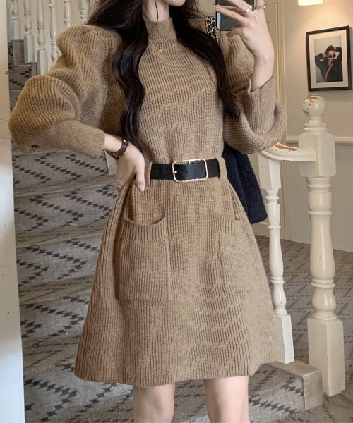 Miniministore(ミニミニストア)の「ベルト付きニットワンピースウエストマーク(ワンピース・レディース・ホワイト/モカ/ブラック/ホワイト×ブラック・FREE)」の5枚目の写真