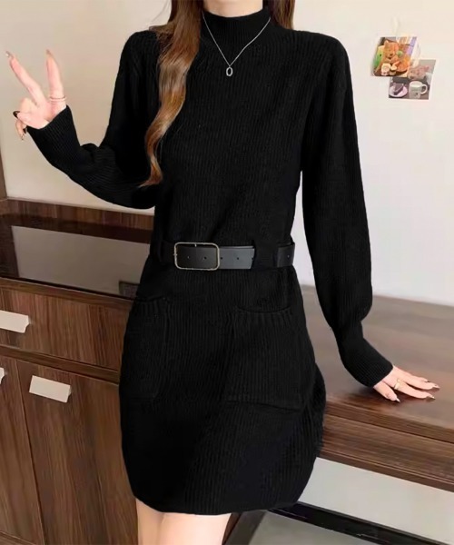 Miniministore(ミニミニストア)の「ベルト付きニットワンピースウエストマーク(ワンピース・レディース・ホワイト/モカ/ブラック/ホワイト×ブラック・FREE)」の12枚目の写真