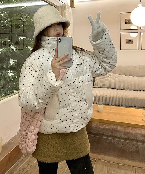 セール】中綿ブルゾン ドット柄 ボアカラー ボリューム 中綿ジャケット
