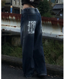 ESCF ピープルプリントバンディングウォッシングデニムパンツ ダークブルー