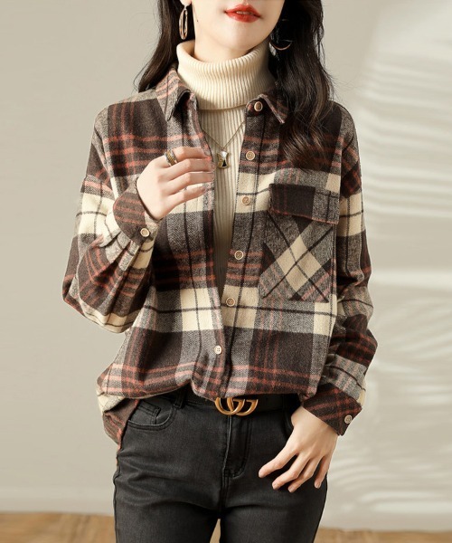 ONEP STAR(ワンピスター)の「チェック柄×胸ポケット付きシャツ(シャツ/ブラウス・レディース・オレンジ・MEDIUM/LARGE/X-LARGE)」の1枚目の写真