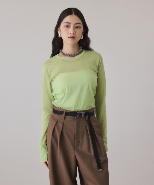 ADAM ET ROPE'（アダムエロペ）の「シアークルーネックトップス（Tシャツ/カットソー・レディース・オフホワイト/ブラウン/ライトグリーン・FREE）」の7枚目の写真