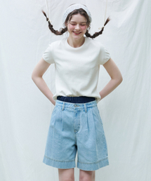 Two-tuck wide denim shorts Light Blue