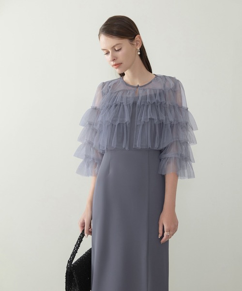 Leja(レジャ)の「【LEJA】ティアードチュールボレロ フリルIラインワンピースドレス2点セット美脚効果結婚式 パーティードレス 成人式 二次会 同窓会 お呼ばれ オケージョン 20代 30代(ドレス・レディース・ブラック/グレイッシュブルー・SMALL/MEDIUM)」の9枚目の写真