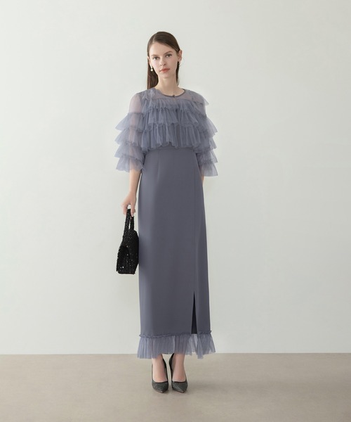 Leja(レジャ)の「【LEJA】ティアードチュールボレロ フリルIラインワンピースドレス2点セット美脚効果結婚式 パーティードレス 成人式 二次会 同窓会 お呼ばれ オケージョン 20代 30代(ドレス・レディース・ブラック/グレイッシュブルー・SMALL/MEDIUM)」の8枚目の写真