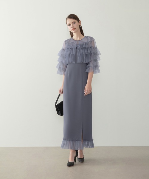 Leja(レジャ)の「【LEJA】ティアードチュールボレロ フリルIラインワンピースドレス2点セット美脚効果結婚式 パーティードレス 成人式 二次会 同窓会 お呼ばれ オケージョン 20代 30代(ドレス・レディース・ブラック/グレイッシュブルー・SMALL/MEDIUM)」の12枚目の写真