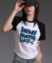 プリントラグランミドルハーフTシャツ_ホワイトブラック