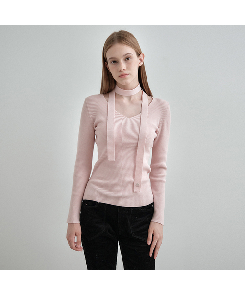 MONGDOL（モンドル）の「[マフラーSET] Vネックスリムリブニットトップ MDKT122_6 Colors（ニット/セーター・レディース・ベージュ/ブラック/アイボリー/ベビーピンク/クリーム/チャコールグレー・F）」の6枚目の写真