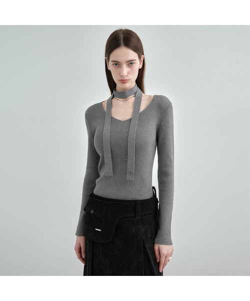 MONGDOL（モンドル）の「[マフラーSET] Vネックスリムリブニットトップ MDKT122_6 Colors（ニット/セーター・レディース・ベージュ/ブラック/アイボリー/ベビーピンク/クリーム/チャコールグレー・F）」の3枚目の写真
