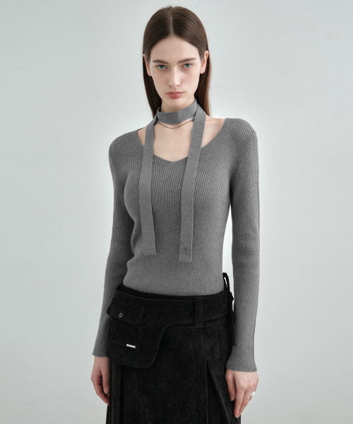 MONGDOL（モンドル）の「[マフラーSET] Vネックスリムリブニットトップ MDKT122_6 Colors（ニット/セーター・レディース・ベージュ/ブラック/アイボリー/ベビーピンク/クリーム/チャコールグレー・F）」の7枚目の写真
