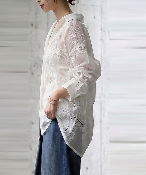 antiqua(アンティカ)の「刺繍レース シアーシャツ(シャツ/ブラウス・レディース・ホワイト/ブラック・ONESIZE)」の8枚目の写真