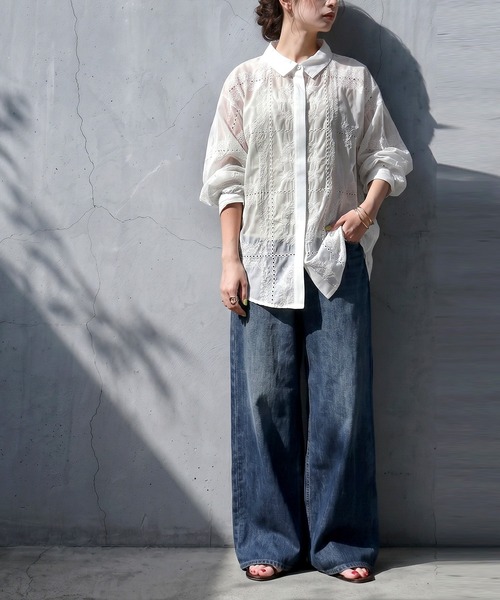 antiqua(アンティカ)の「刺繍レース シアーシャツ(シャツ/ブラウス・レディース・ホワイト/ブラック・ONESIZE)」の5枚目の写真