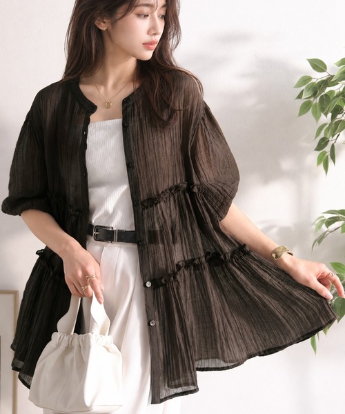 Classical Evon(クラシカルエヴォン)の「【Classical Evon】体型カバー♪ふわっと、ひとさじの華やぎを。シアーティアードメロウブラウス(シャツ/ブラウス・レディース・ブラウン/アイボリー/グレイッシュベージュ/ブラック・X-LARGE/SMALL/MEDIUM/LARGE)」の3枚目の写真