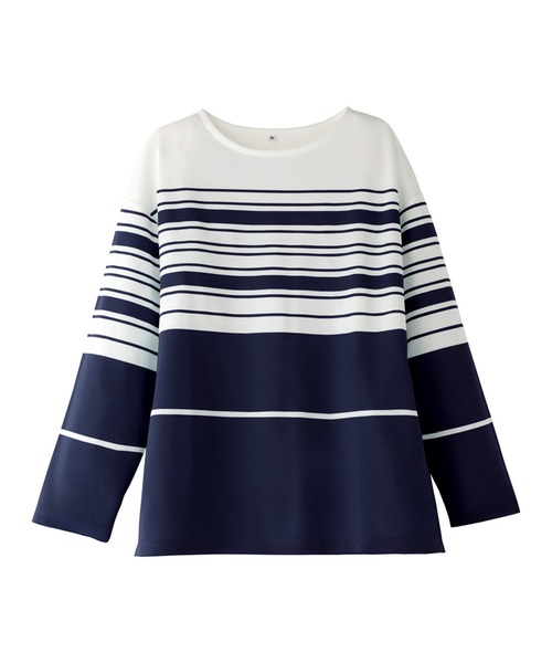 BELLUNA PLUS(ベルーナ)の「ポンチ素材パネルボーダープルオーバー(Tシャツ/カットソー・レディース・セージグリーン/イエロー/ネイビー・X-LARGE/LARGE/MEDIUM)」の3枚目の写真
