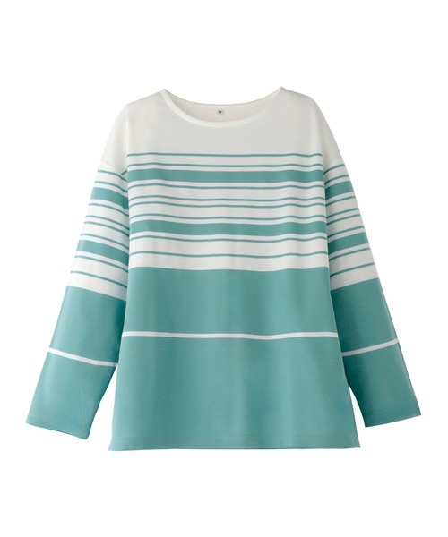 BELLUNA PLUS(ベルーナ)の「ポンチ素材パネルボーダープルオーバー(Tシャツ/カットソー・レディース・セージグリーン/イエロー/ネイビー・X-LARGE/LARGE/MEDIUM)」の2枚目の写真