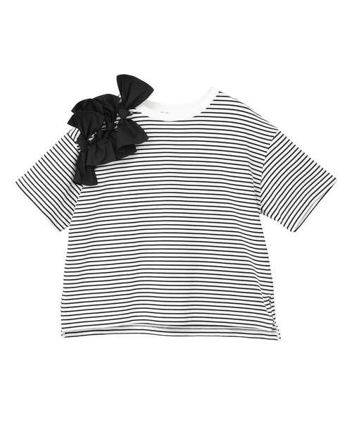 Tiara(ティアラ)の「ショルダーリボンTシャツ(Tシャツ/カットソー・レディース・ブラック/ホワイト×ブラック/ホワイト・FREE)」の2枚目の写真