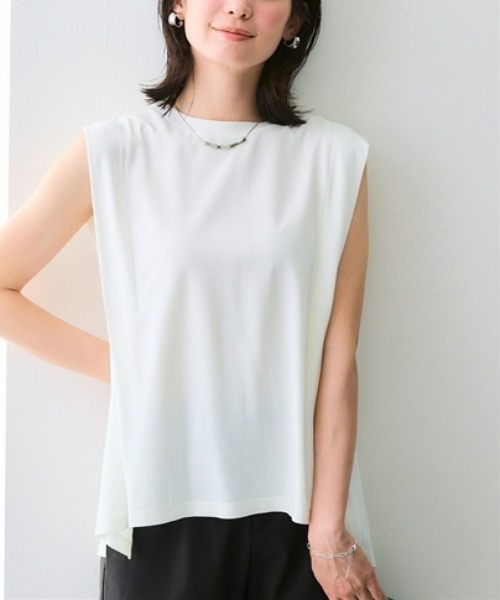 7days Life Styling（セブンデイズライフスタイリング）の「【接触冷感】シルケット加工サイドスリットフレンチスリーブトップス（Tシャツ/カットソー・レディース・ネイビー/ブルーグレー/オフホワイト/チャコール/ライトベージュ・LL/L/M/S/3L）」の2枚目の写真